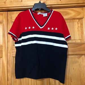 Red, white, and blue White stag knitted v-neck top with stripes and stars